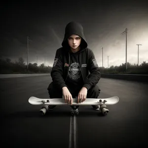 Attractive black male skateboard model posing with board.