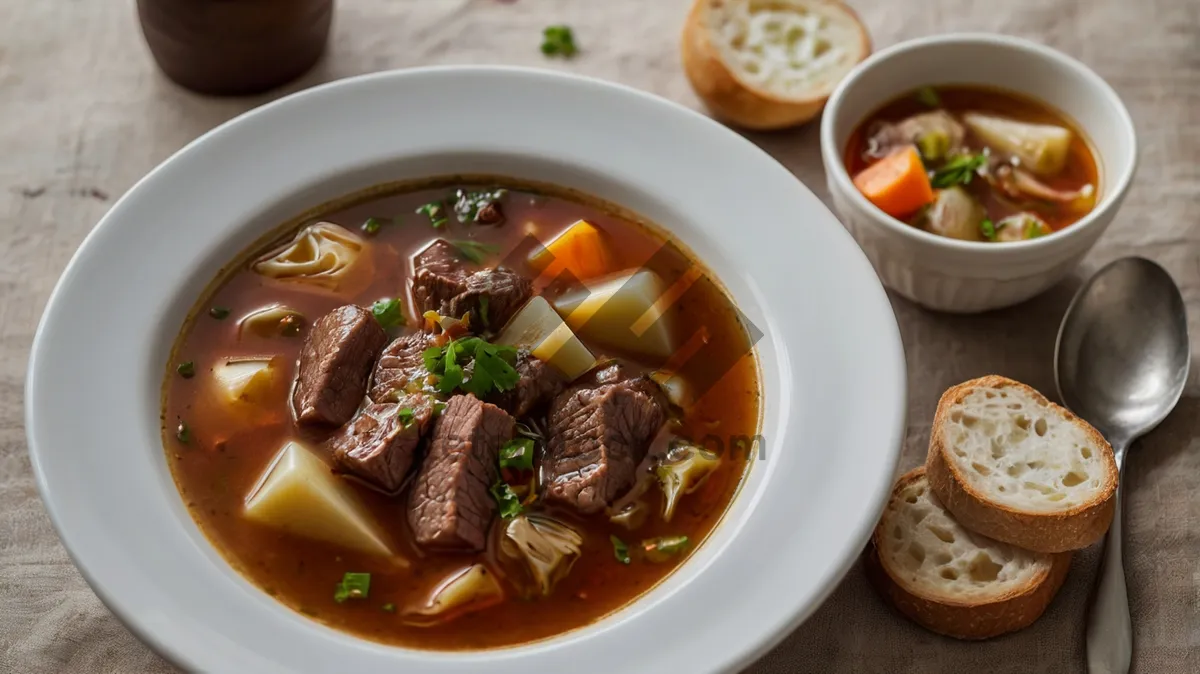 Picture of Fresh Vegetable Soup with Tomato and Pepper Garnish