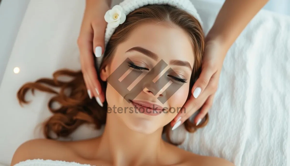 Picture of Attractive lady enjoying facial treatment at spa resort.