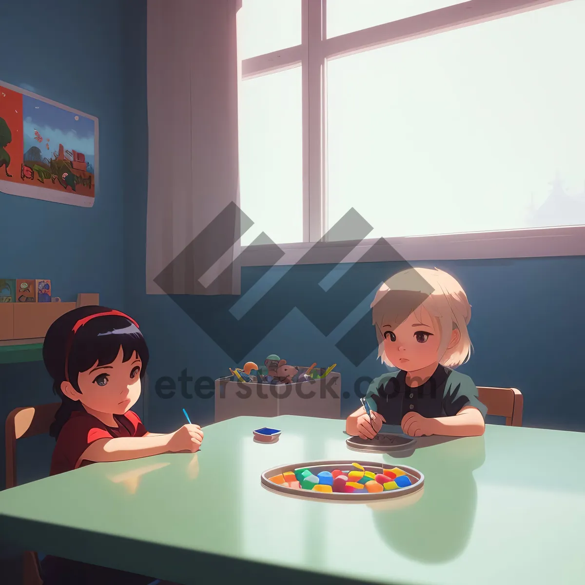 Picture of Joyful group of children playing pool in a classroom
