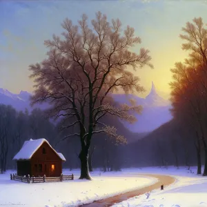 Winter Wonderland: Snowy Barn amid Forest Landscape