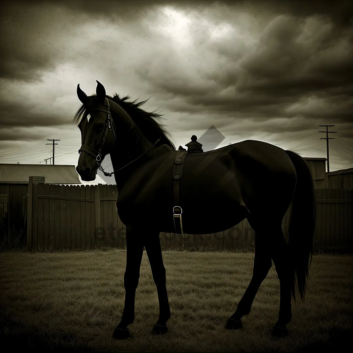 Picture of Brown Stallion Vaulting on Grass Field