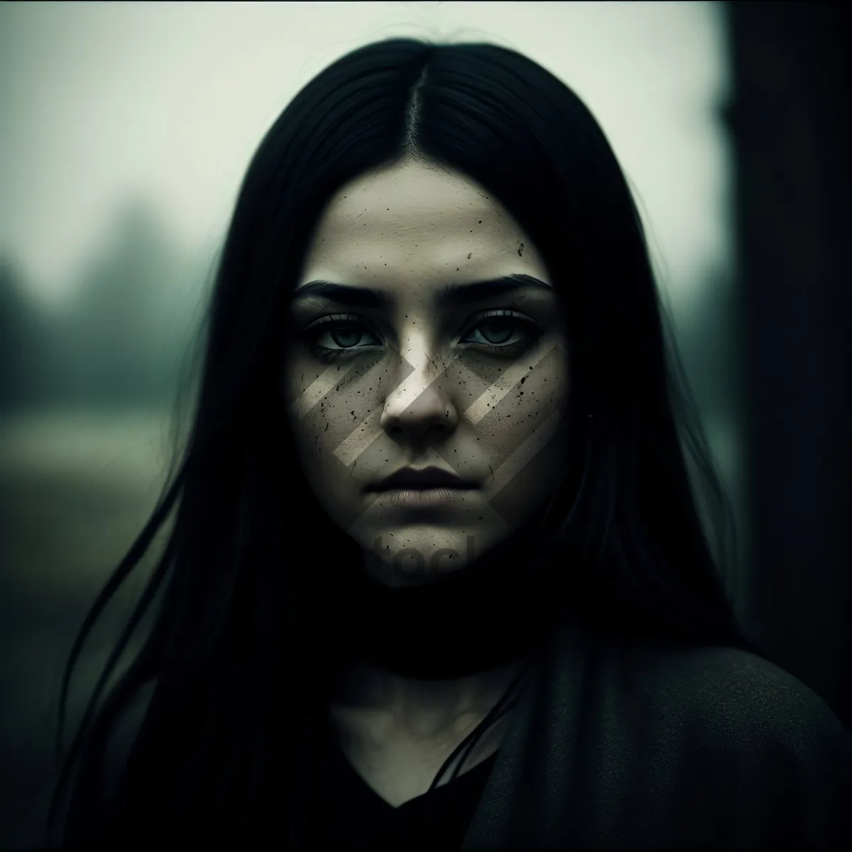 Picture of Seductive Beauty: Captivating black-haired model with alluring dark eyes and red lips in a stylish black robe.