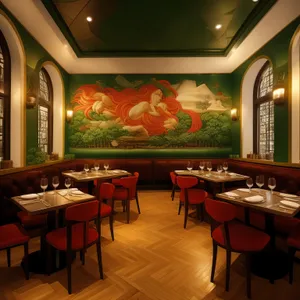 Modern restaurant interior with stylish furniture and lighting