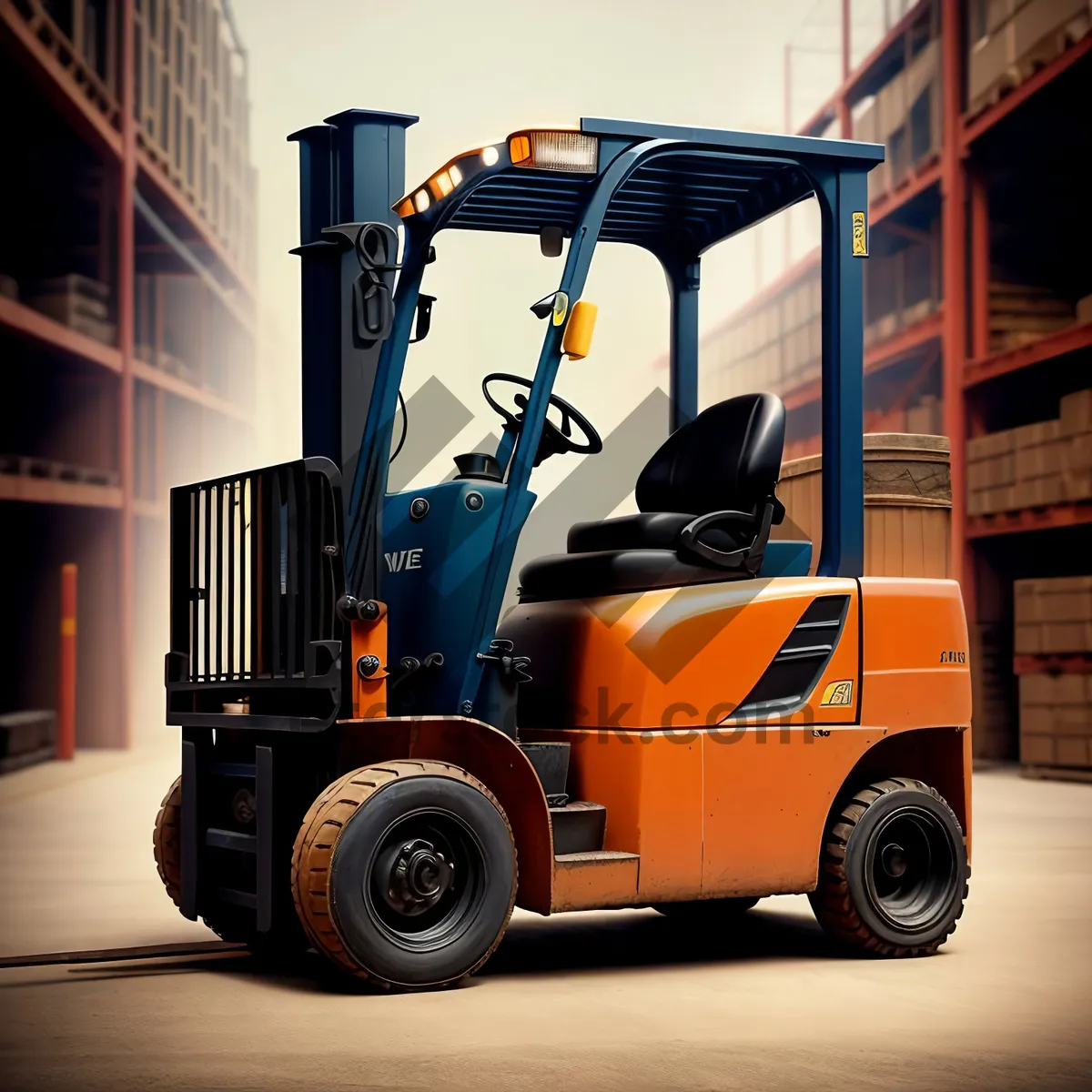 Picture of Industrial truck transporting heavy cargo in warehouse.