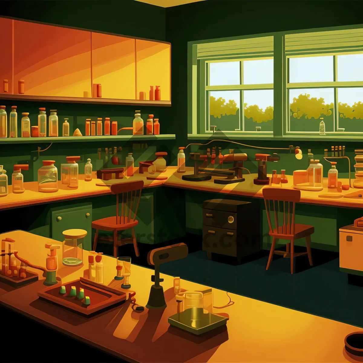 Picture of Modern cafeteria interior with wooden furniture and chairs