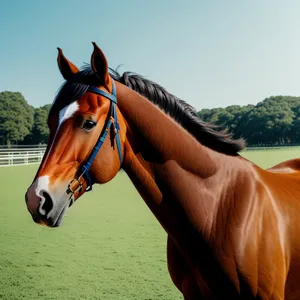 Rural Colt Portrait: Chestnut Stallion in Bridle