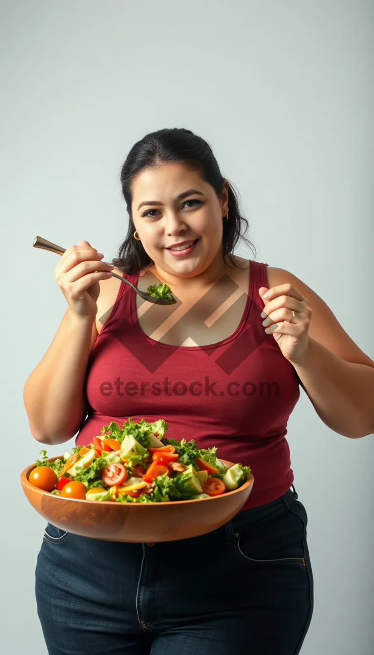 Picture of Happy adult eating fresh vegetable salad in kitchen