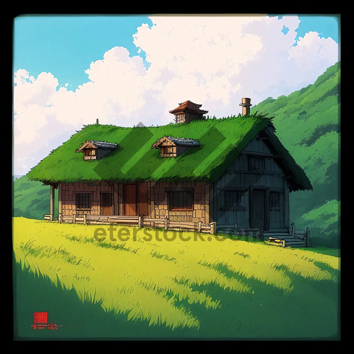 Picture of Rustic Farmhouse Under Blue Sky with Green Landscape