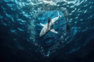 Tropical shark swimming in coral reef underwater.