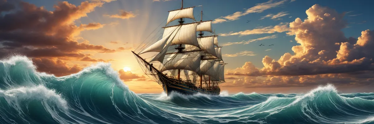 Picture of Pirate ship sailing at sunset on sea