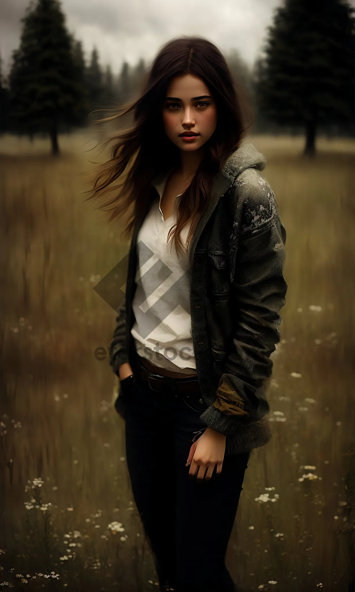 Picture of Attractive brunette model posing in leather jacket.