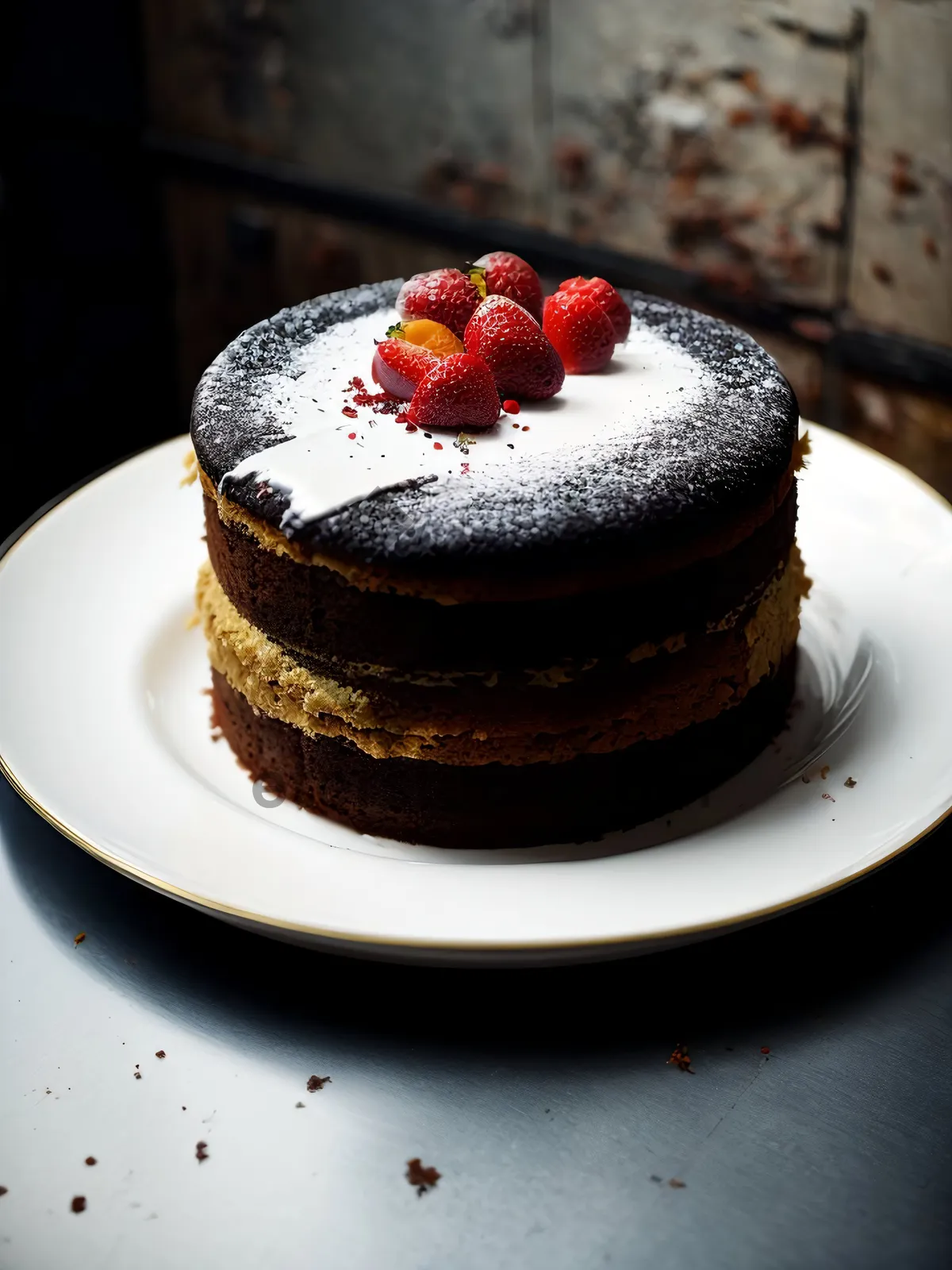 Picture of Delicious Strawberry Chocolate Cake with Fresh Berries and Mint