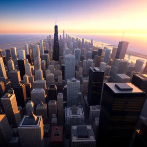 Iconic city skyline at sunset, reflecting modern urban architecture.