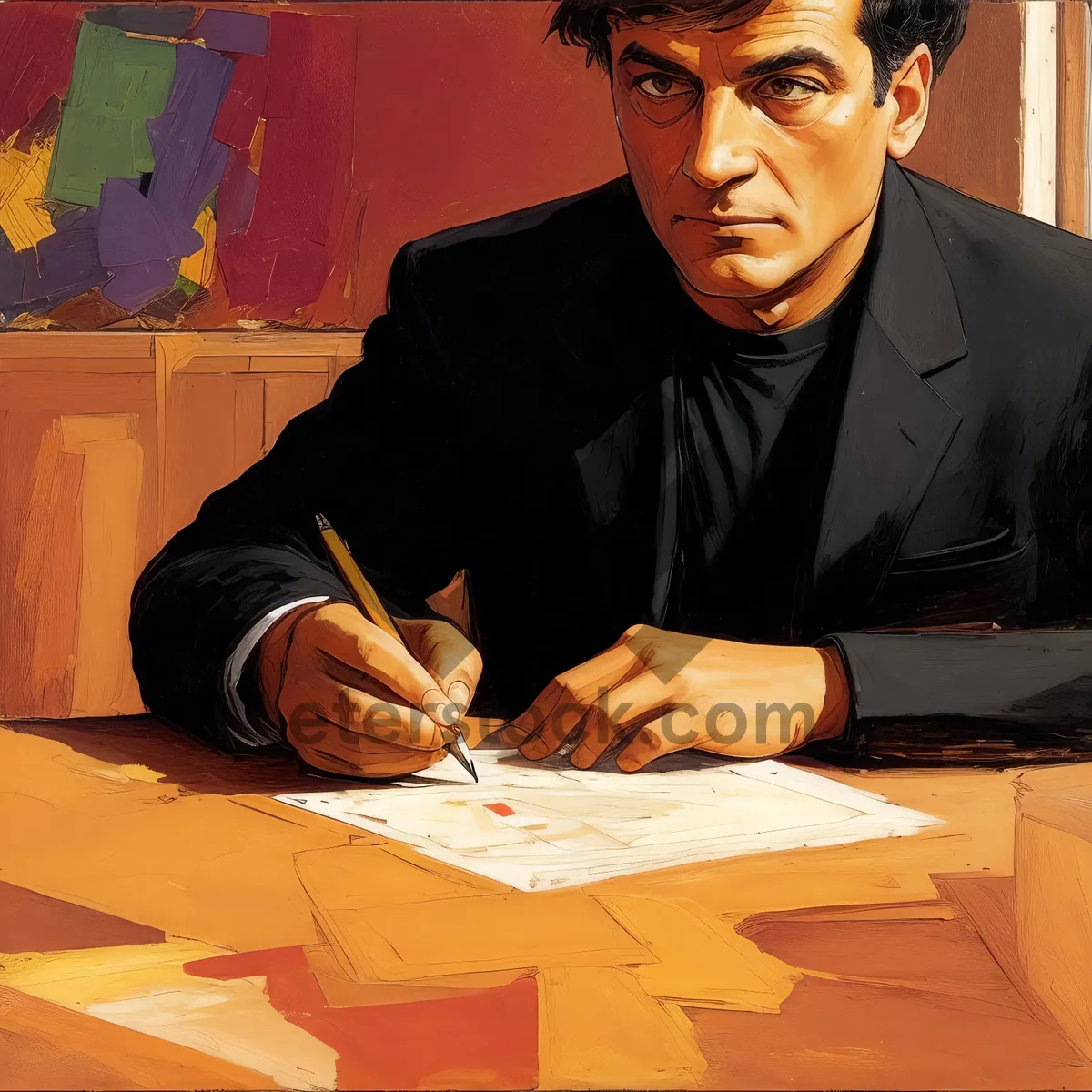 Picture of Businessman working at office desk on laptop.