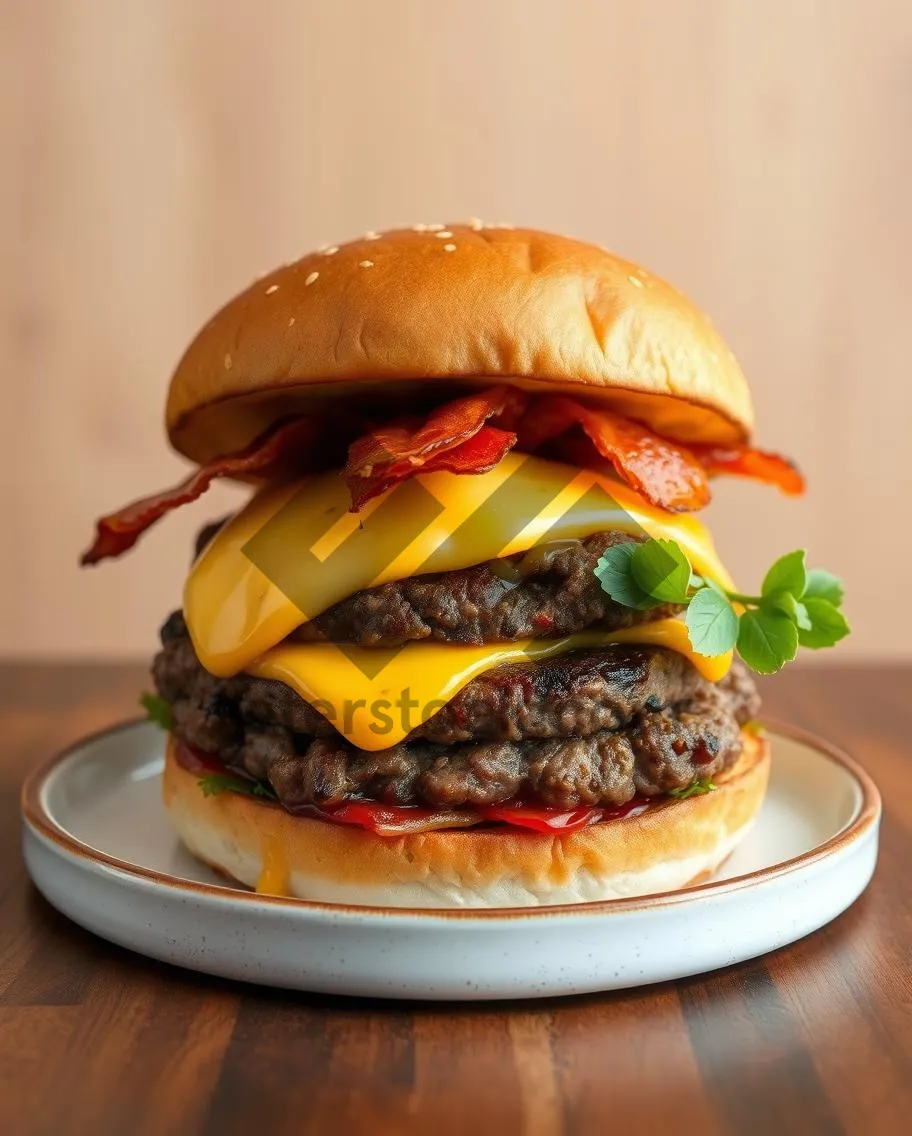 Picture of Delicious Cheeseburger with Grilled Beef Patty and Fresh Salad