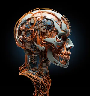 Science fiction concept of ai. Artificial brain as the most important element of the artificial intelligence system. Electronic chips and memory elements are integrated into the brain structure.