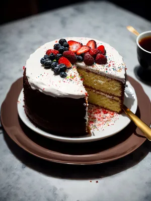 Delicious Berry Chocolate Cake Slice with Fresh Strawberry Sauce