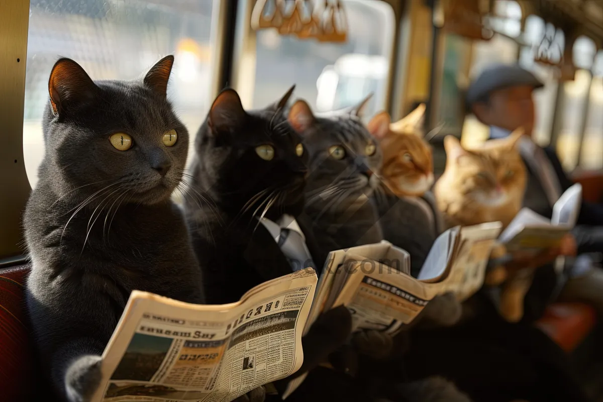 Picture of Curious Gray Tabby Cat with Newspaper