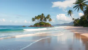 Tropical paradise beach with palm trees and calm waves.