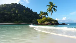 Tropical paradise with palm trees and calm ocean waves.