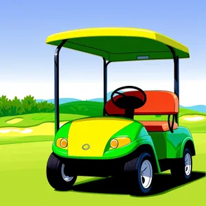 Golfer driving cartoon car on golf course
