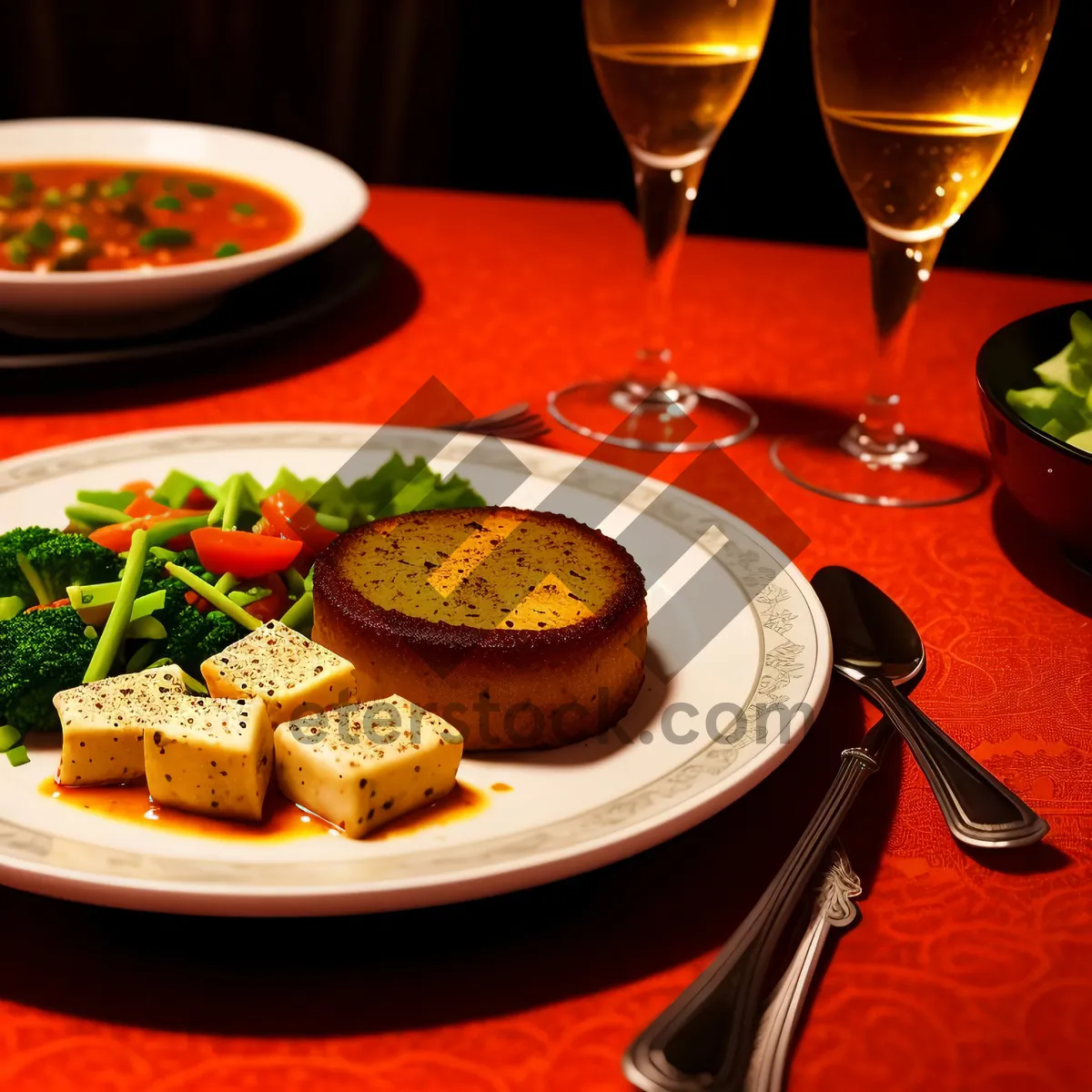 Picture of Gourmet Plate with Wine, Delicious Dish and Nutritious Ingredients