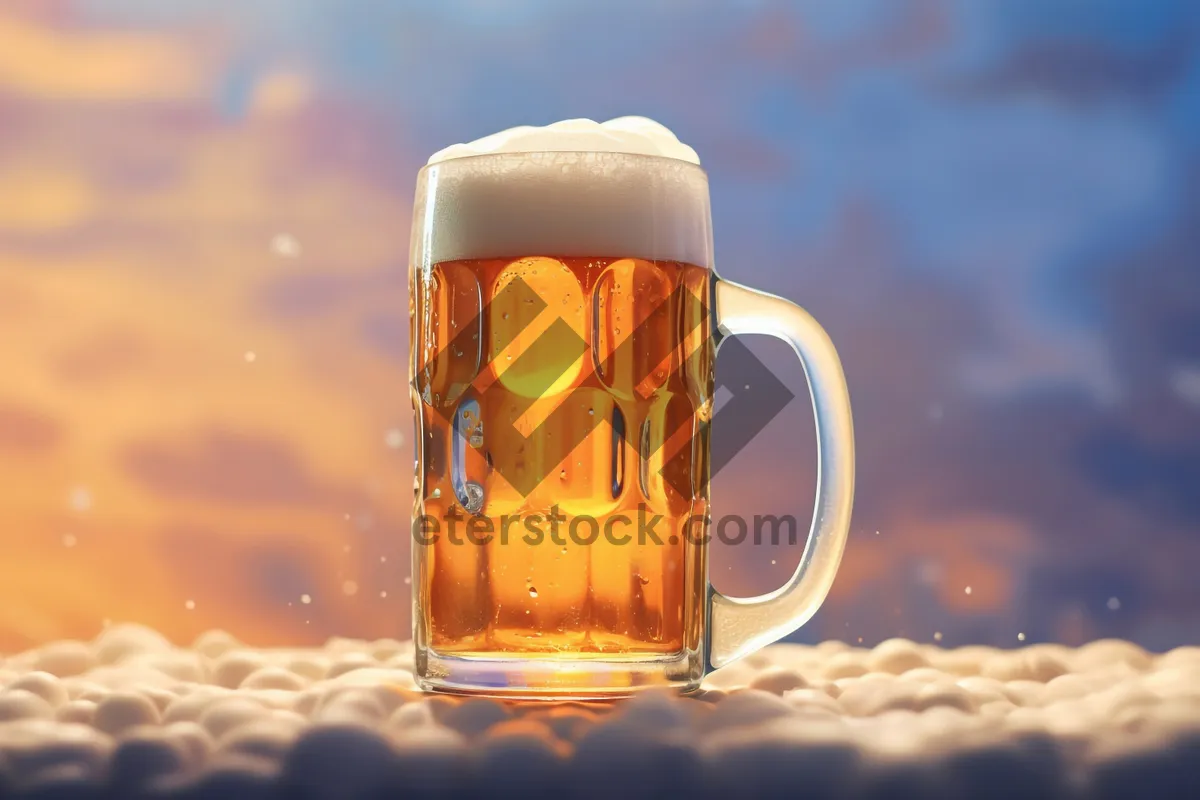 Picture of Frosty beer glass with golden bubbles in bar.