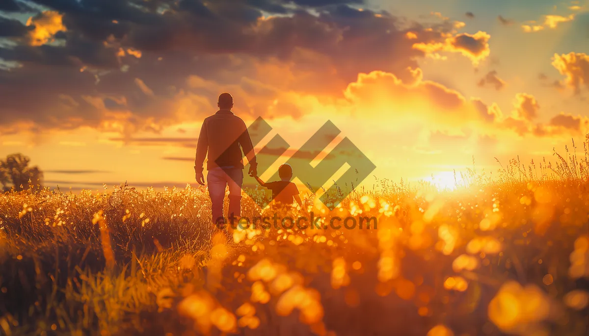 Picture of Happy people silhouette enjoying the sunset in meadow.