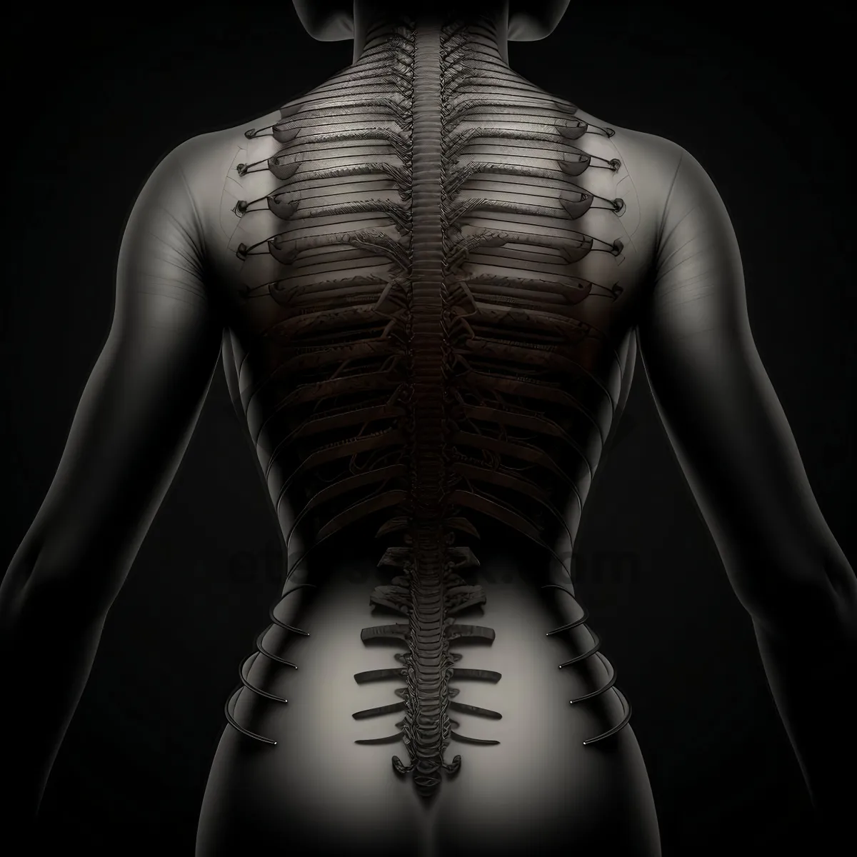 Picture of Human skeletal anatomy with transparent spine and torso