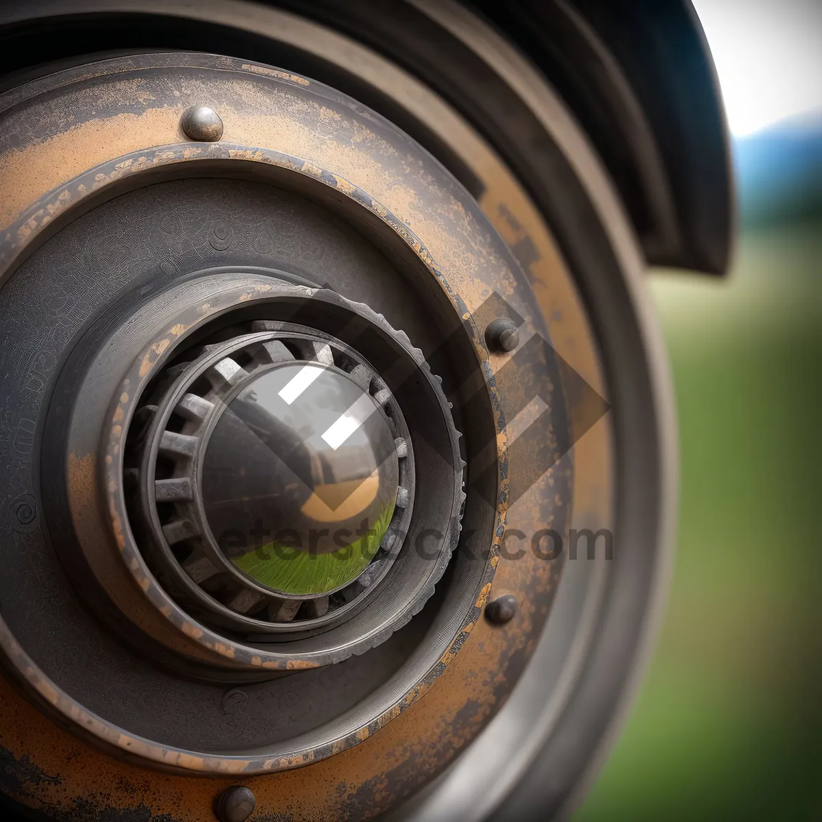 Picture of Black Car Wheel on Metal Hoop