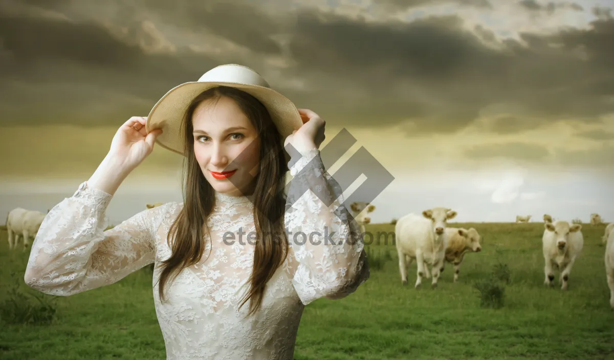 Picture of Happy cow in a summer meadow countryside.