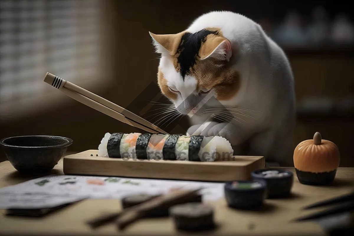 Picture of Cute Kitty with Remote Control Watching TV