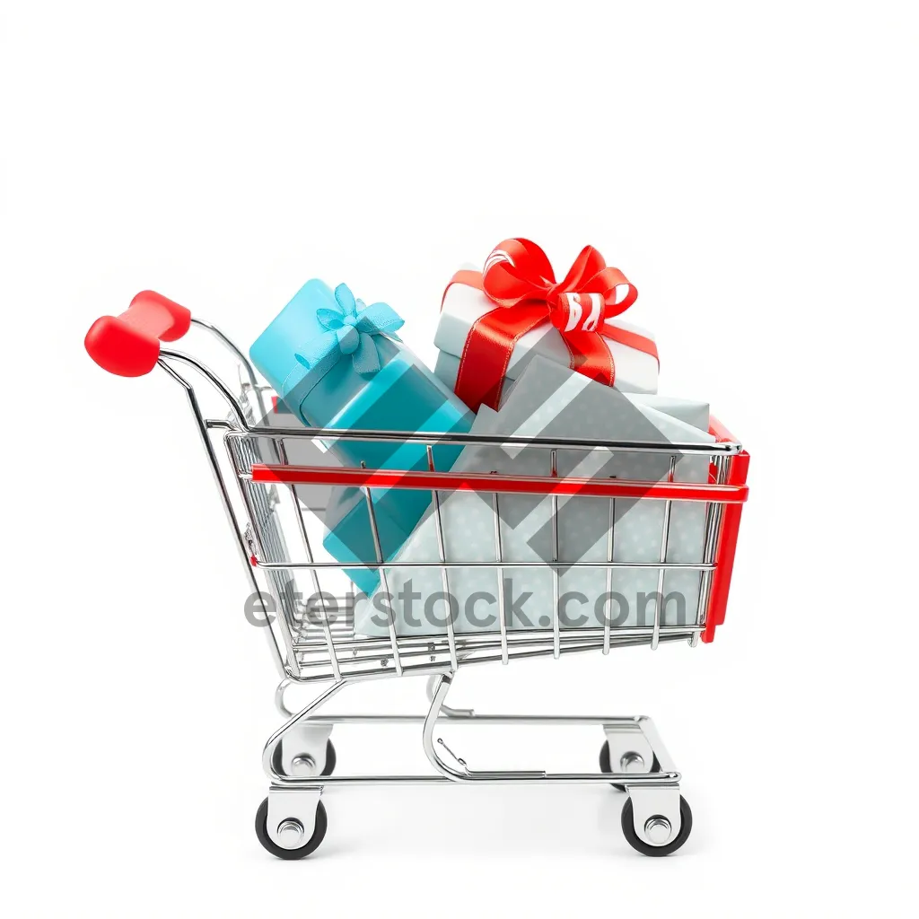 Picture of Metal shopping cart in empty supermarket aisle