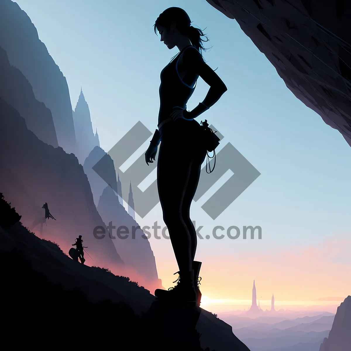 Picture of Mountain Hiker Scaling Majestic Skyline on Steep Slope