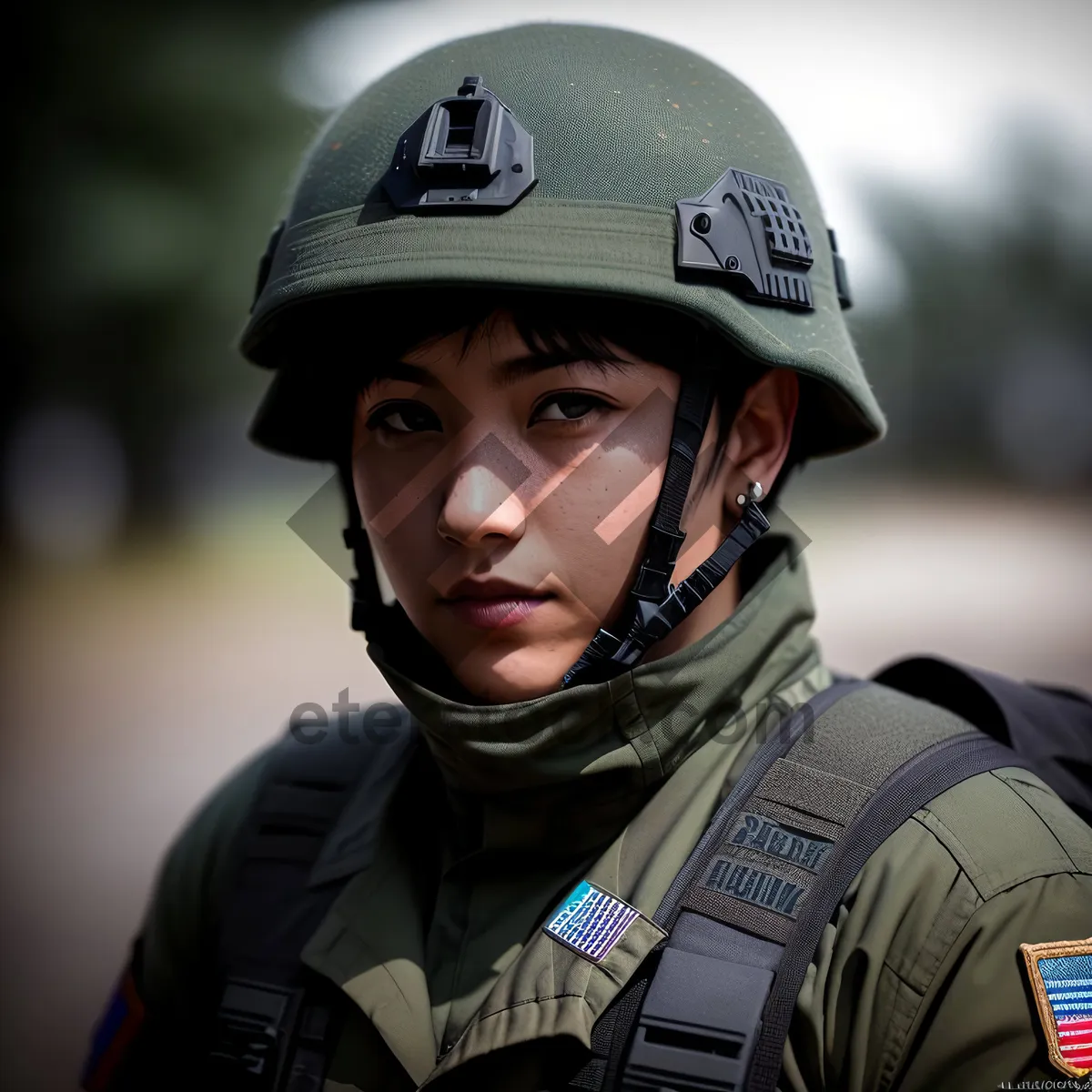 Picture of Male Soldier in Bulletproof Vest and Helmet