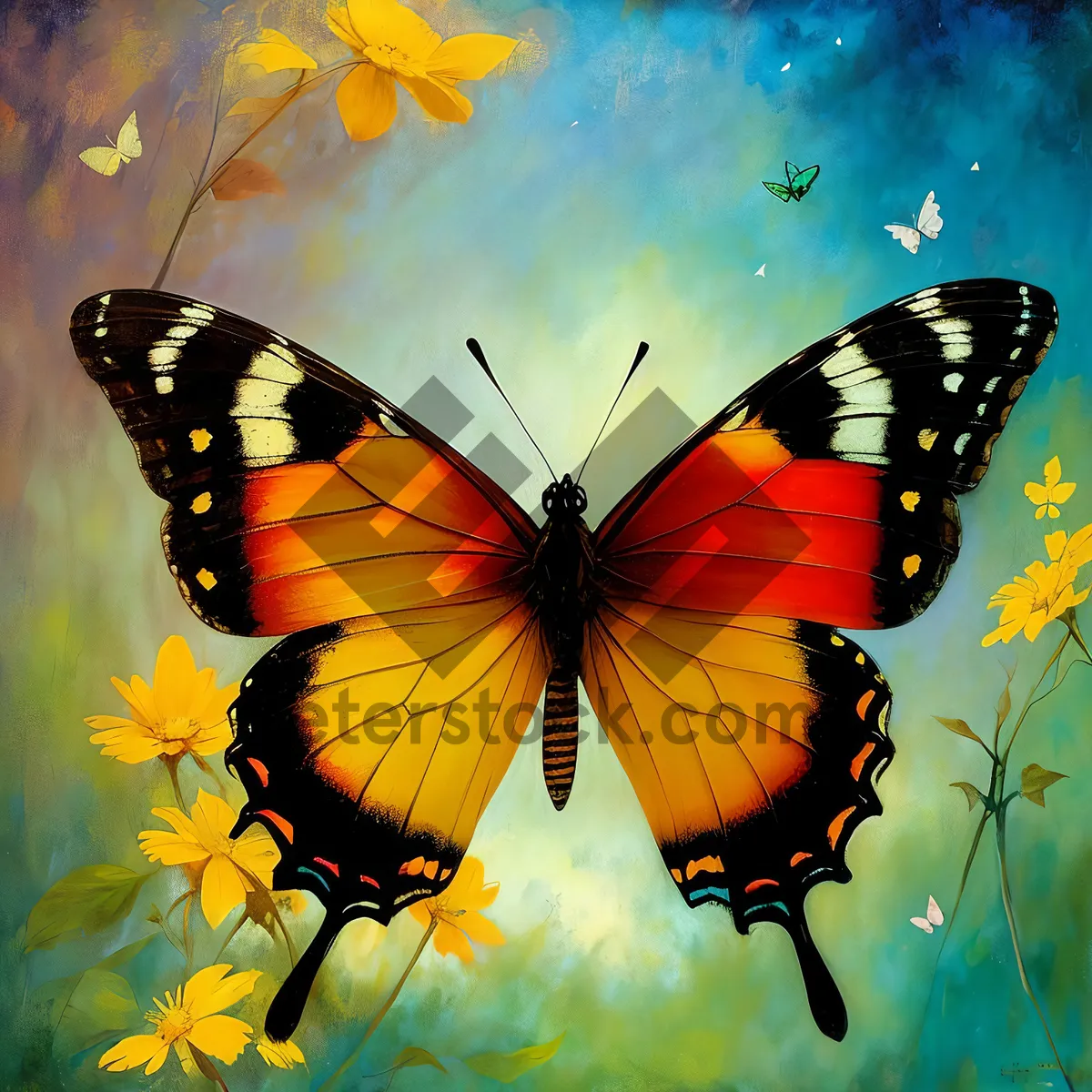 Picture of Colorful Monarch Butterfly with Spread Wings in Orange and Yellow