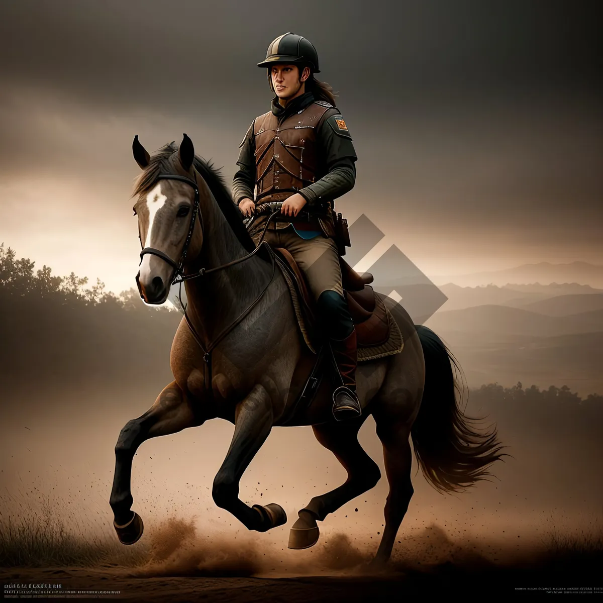 Picture of Graceful Thoroughbred Stallion in Equestrian Gear Galloping across Green Field