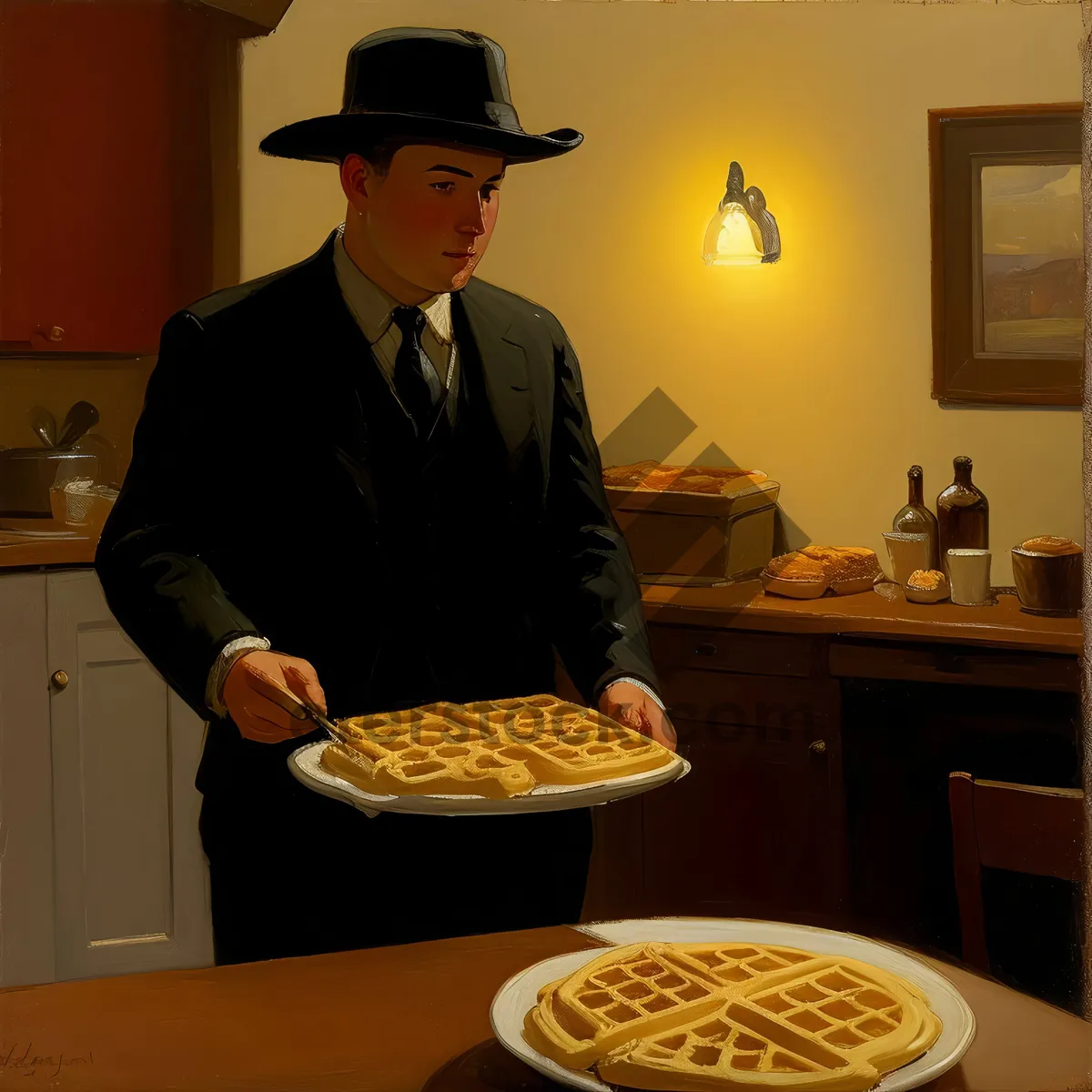 Picture of Smiling Waiter Serving Food in Dining Room