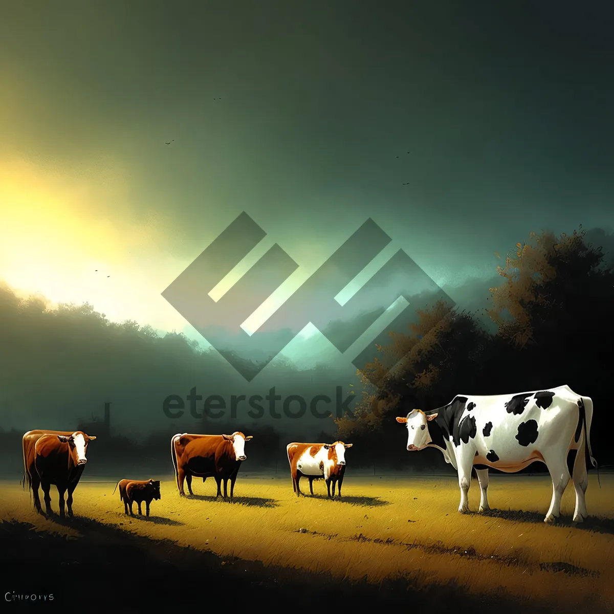 Picture of Serene Rural Meadow with Grazing Cows