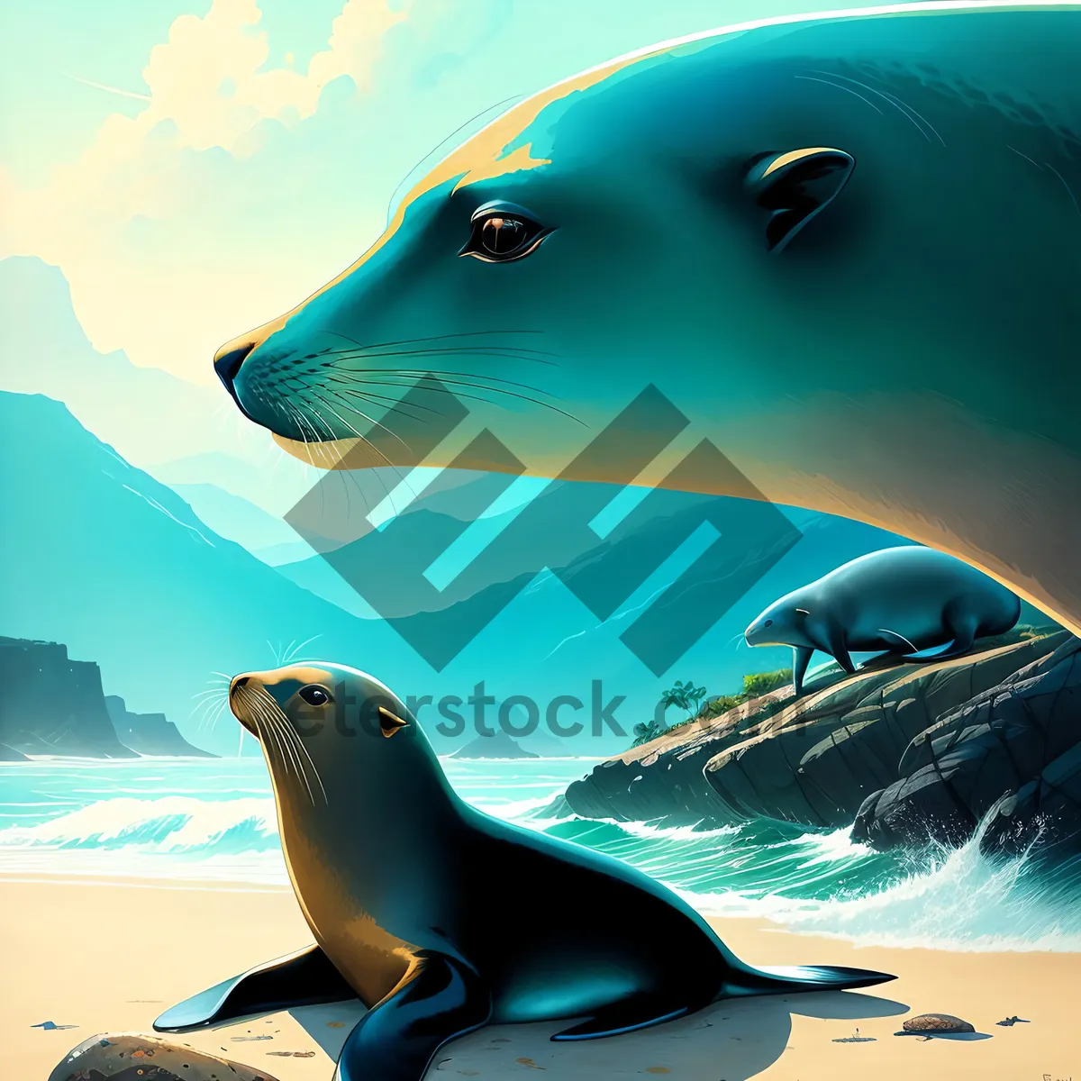 Picture of Underwater Marine Life: Seal and Dolphin Swimming in Tropical Ocean