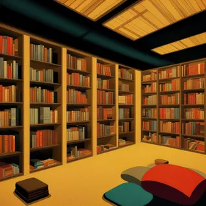 Modern library interior with bookshelves and table.