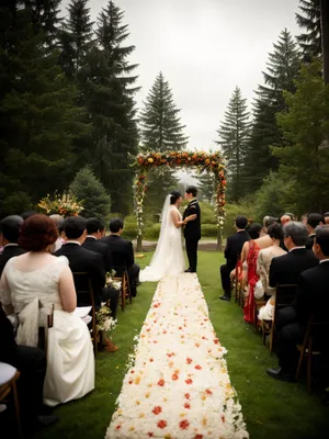 Happy couple embracing on their wedding day at the park