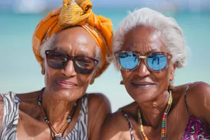 Happy couple wearing sunglasses at the beach.