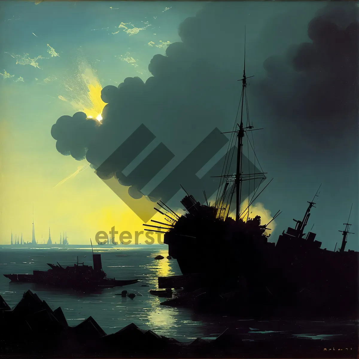 Picture of Pirate ship sailing into the sunset over the ocean