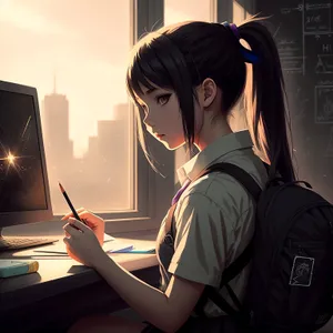 Happy businesswoman working on laptop