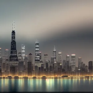 Nighttime city skyline reflecting on waterfront