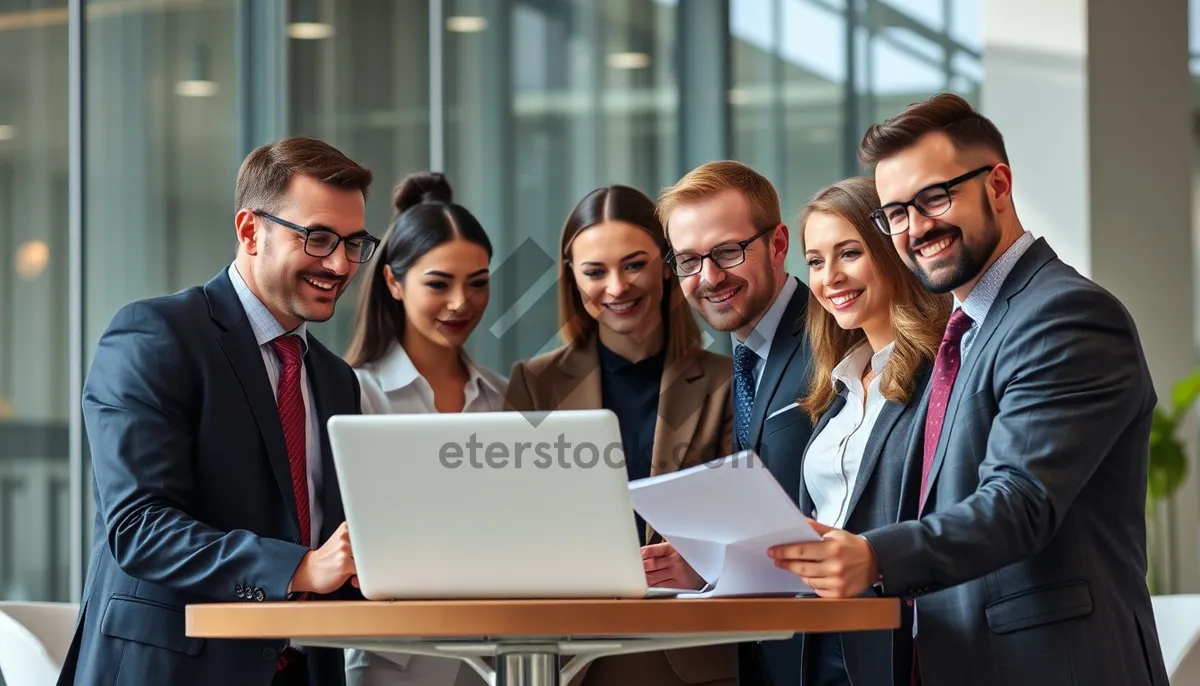 Picture of Happy professionals working together on laptop in office