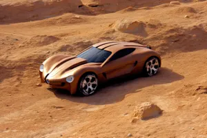 Luxury sports car speeding through desert landscapes.