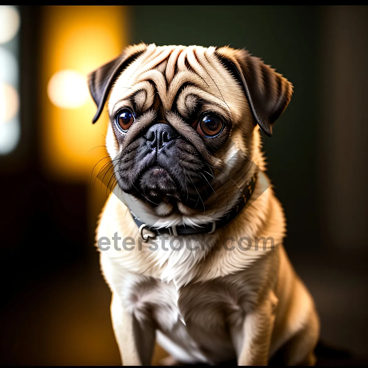 Picture of Adorable wrinkled pug puppy sitting